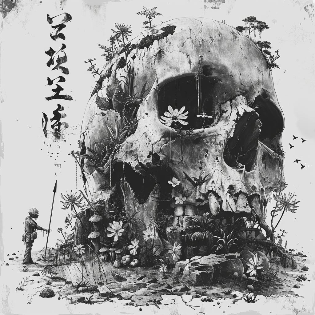 skull  plants  flowers  castle  villagers  spears  Japanese  lettering  album  art 1036282