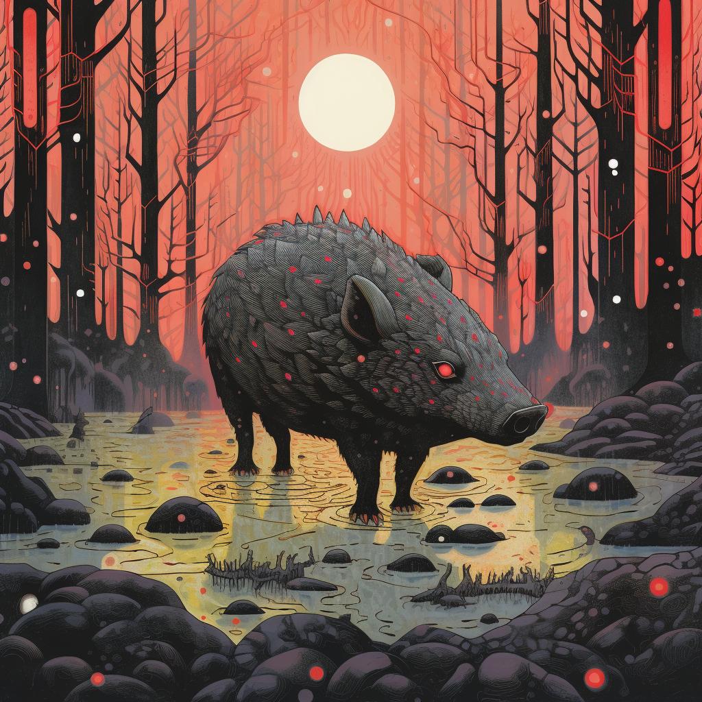 kaiju  wild  boar  neon  surreal  bubbles  monoprint  japanese  1970s  art 909737