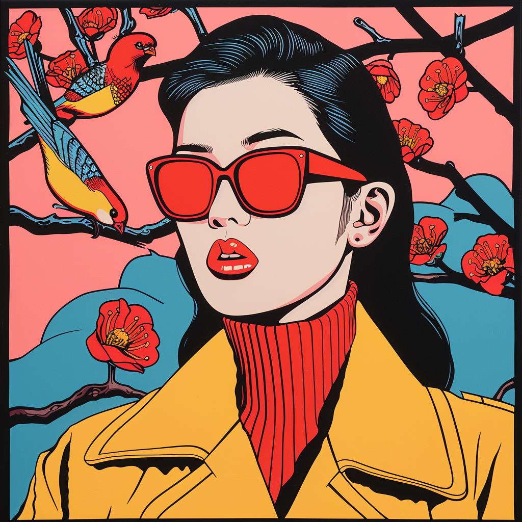 surreal  album  cover  woman  sunglasses  red  coat  birds  colorful  art 1021382