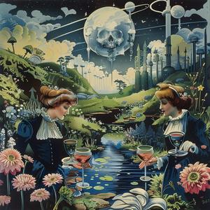 women  garden  flowers  moon  chromolithography  scene  serene  mood  night  art 1041007