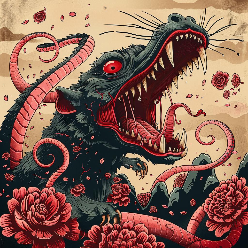 creature  chromolithography  black  red  flowers  Japanese  graphics  art  illustration  rat 945865