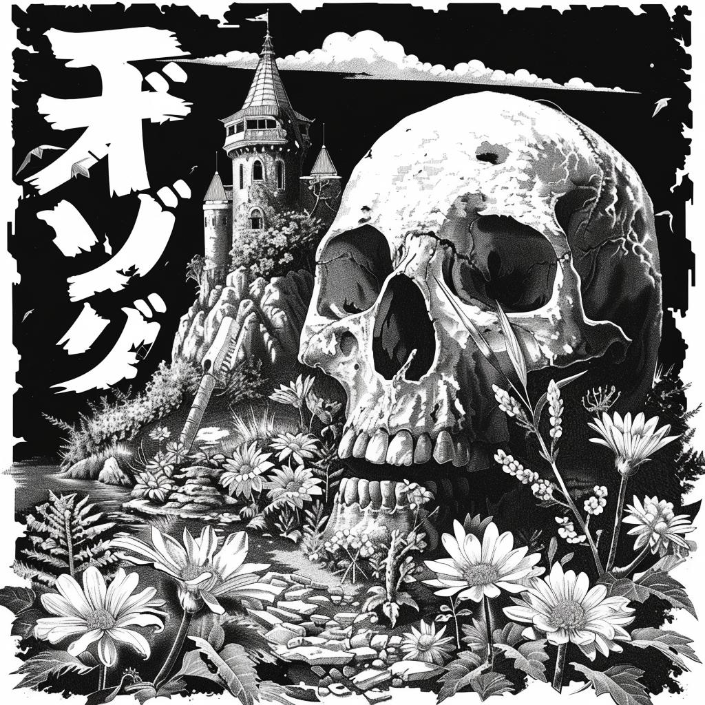 skull  flowers  castle  plants  villagers  Japanese  intertwined  cluster  silhouette  still-life 1036280