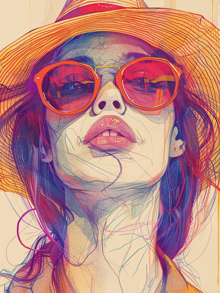 illustration  woman  sunglasses  hat  colors  dynamic  portrait  joyful  chaos  art 953678