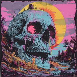 surreal  album  cover  skull  pink  background  blue  sky  symbolist  risograph 1078670
