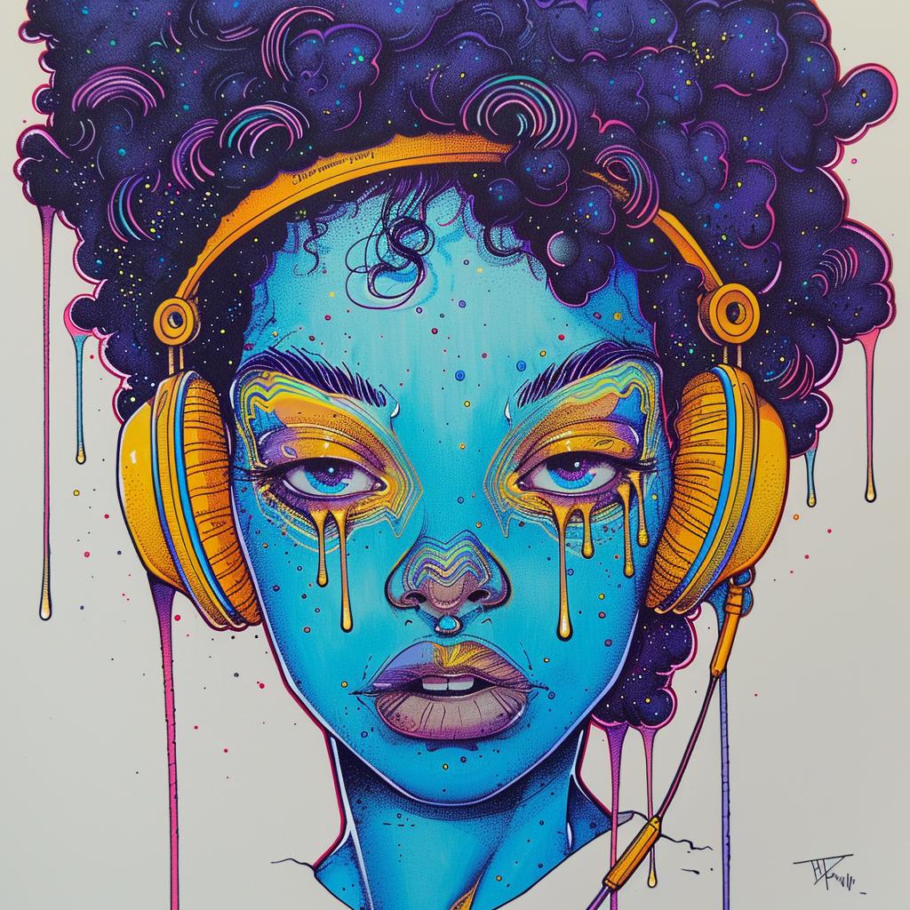 PopArt  DJ  headphones  afro  blue  hair  TroyBrooks  painting  woman  expression 939150