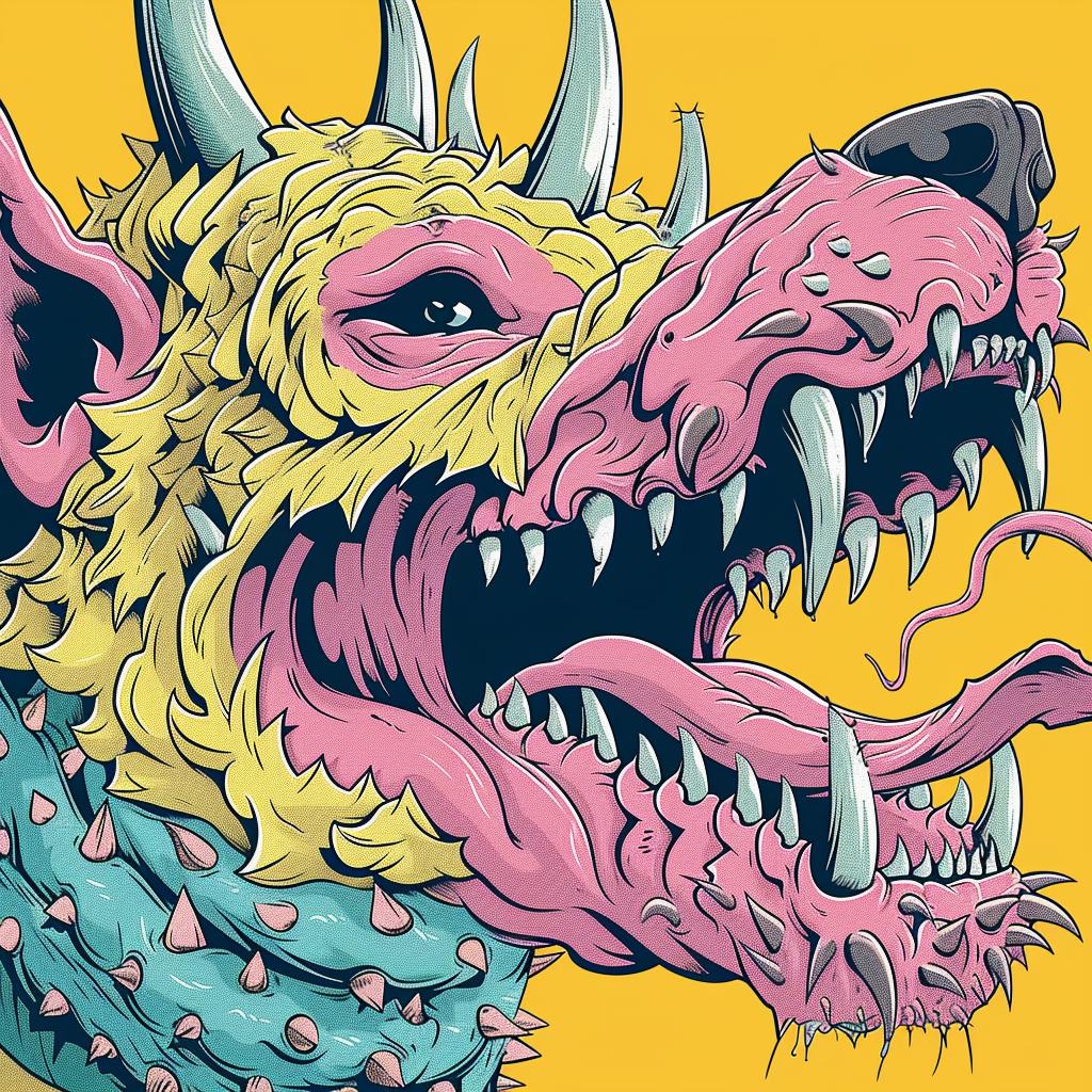 Cerberus  mythical  terrifying  spiked  collar  colorful  illustration  sharp  teeth  dog 927906