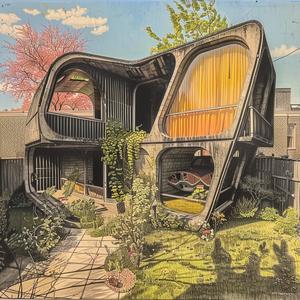 decrepit  abandoned  Frank  Lloyd  Wright  home  black  white  painting  flowers 1036560