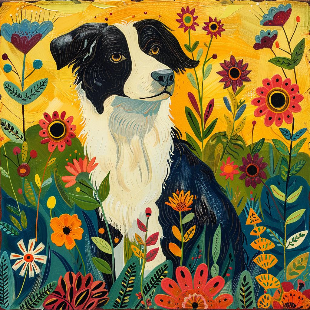 border  collie  painting  flowers  French  countryside  textured  whimsical  vibrant  colorful 938662