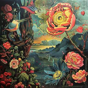 flowers  birds  tree  painting  colorful  nature  chromolithography  art  vibrant  scene 1057637
