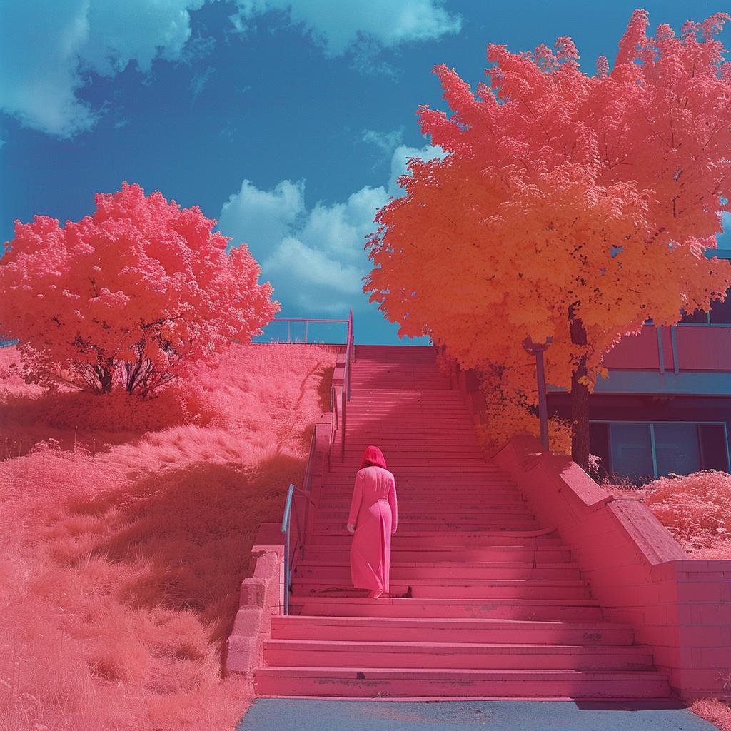 surreal  album  cover  infrared  woman  pink  dress  stairs  artistic  conceptual 1019029