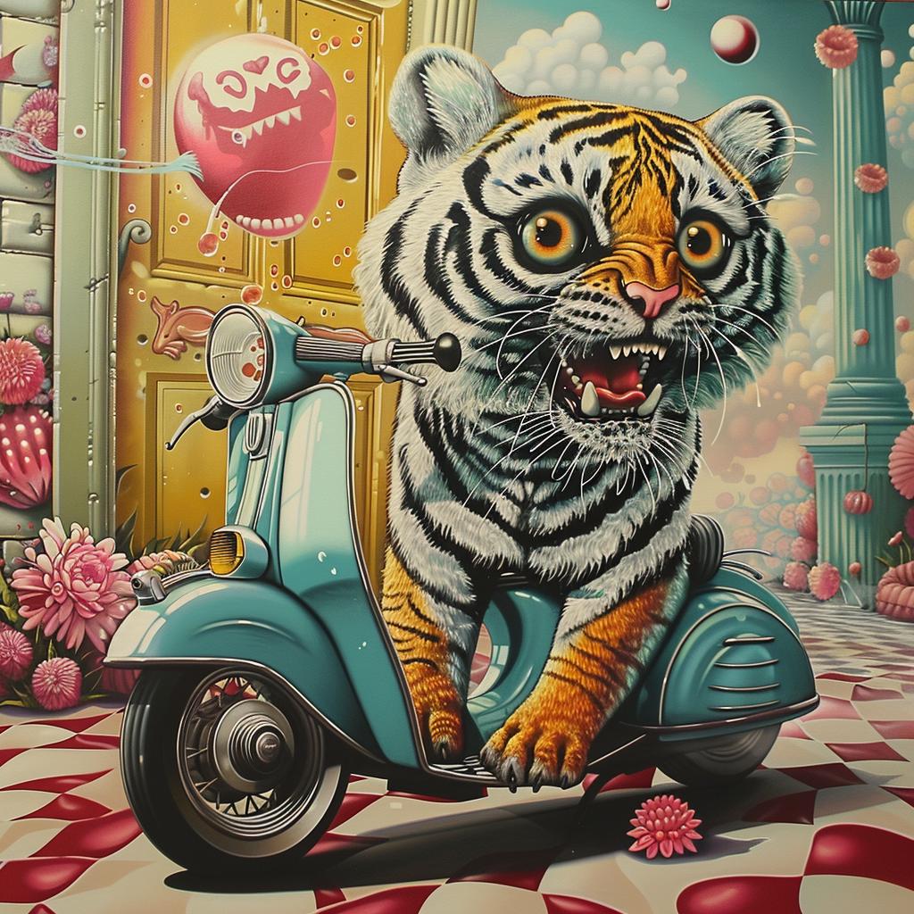tiger  moped  scooter  painting  cartoon  animal  whimsical  funny  vibrant  playful 1028325