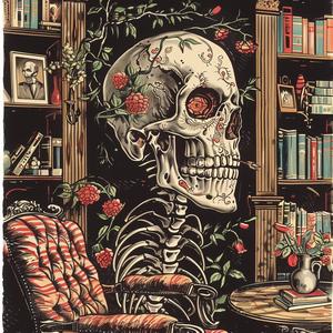 skeleton  chair  bookshelves  chromolithography  illustration  vintage  dark  knowledge  art  poster 1040787