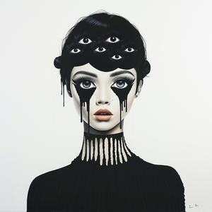 عارضة أزياء سمراء من فن البوب، عيونها ملطخة بالمكياج، تروي بروكس، خلفية بيضاء، صورة شخصية 1074385