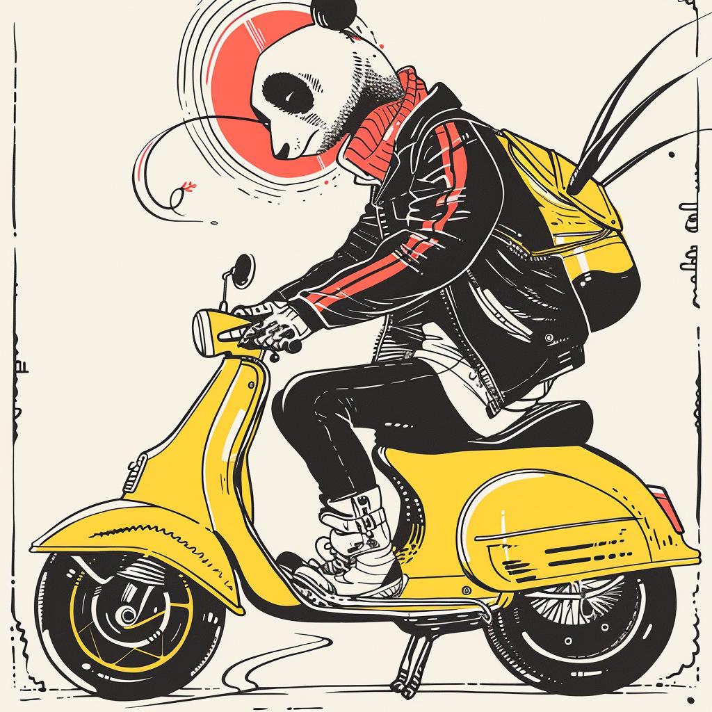 panda  moped  happy  humorous  cartoon  scooter  cute  animal  playful  illustration 938916