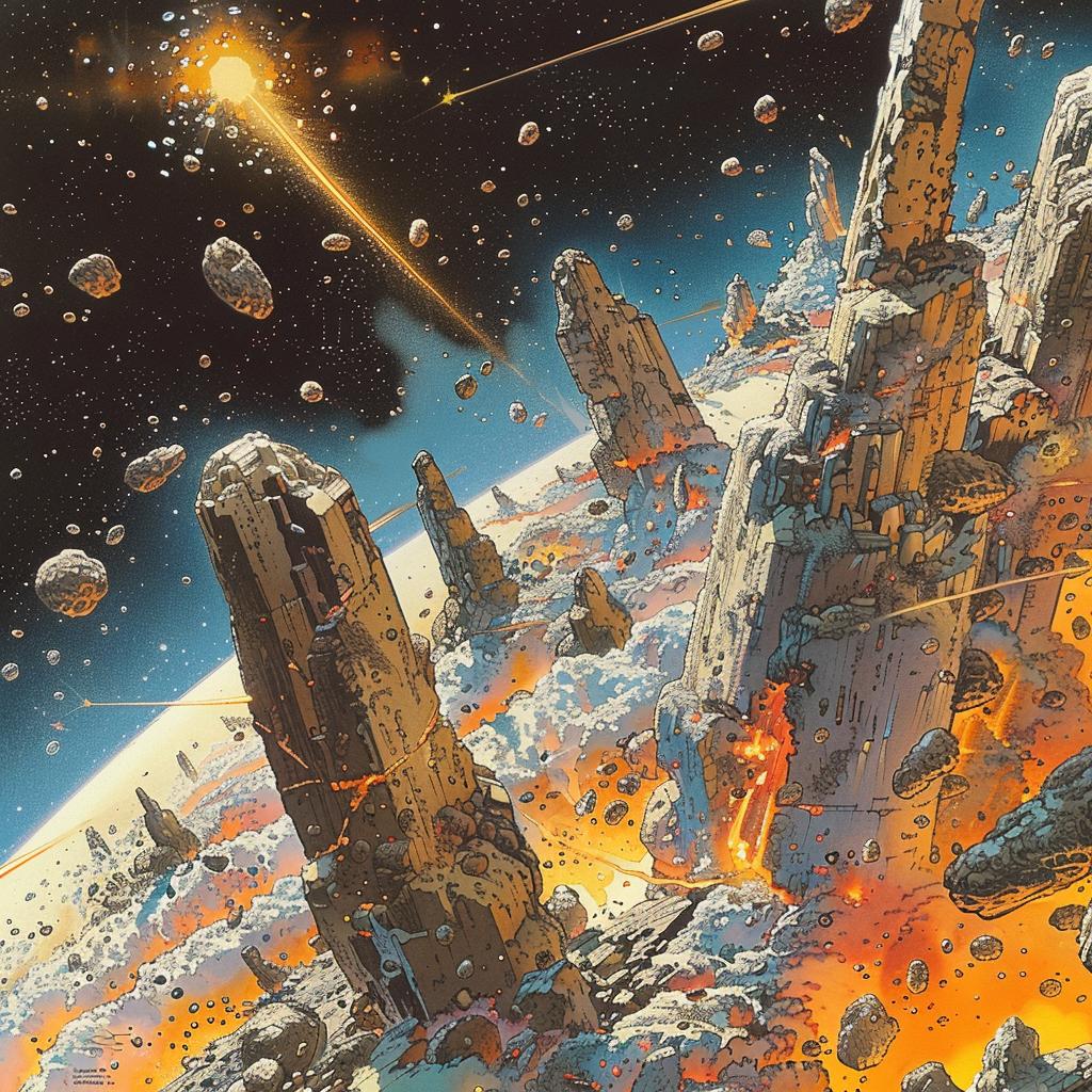 Moebius  scifi  space  battle  asteroids  rocks  illustration  detailed  professional  art 1025460