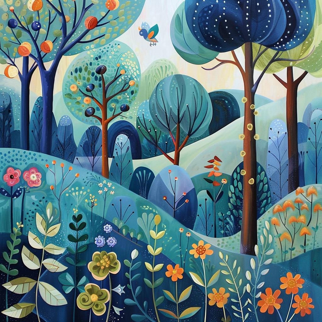 forest  illustration  blue  flowers  trees  whimsical  vibrant  textured  nature  composition 938683