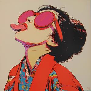 woman  red  kimono  pink  sunglasses  art  block  print  stylized  fashion 1077964