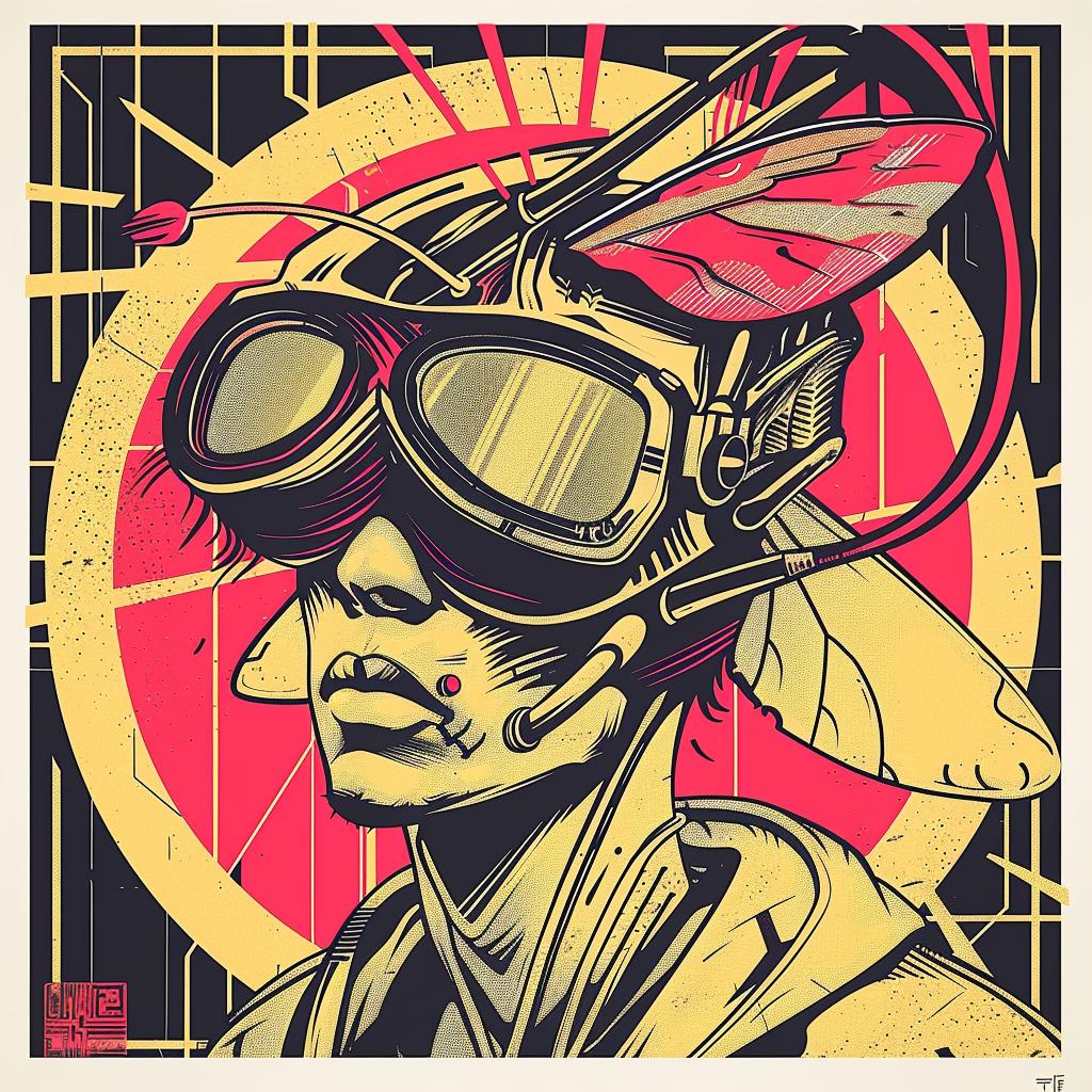 surreal  album  cover  grasshopper  Yoshitoshi  hyper-realistic  screenprinting  symbolist  goggles  woman 939564