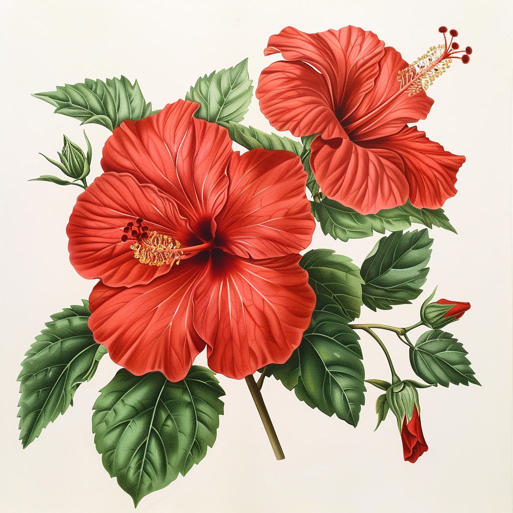 hibiscus  flowers  illustration  red  white  background  Codex  Seraphinianus  botanical  vibrant 971403