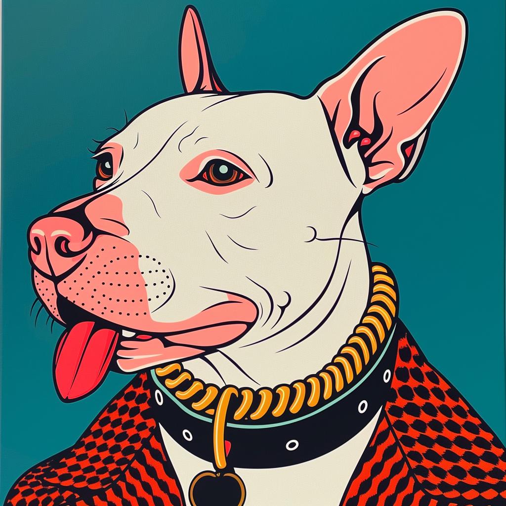 Bullterrier  dog  checkered  jacket  red  black  fashion  stylized  casual  playful 940906