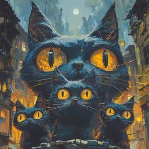 three-eyed  cat  ominous  occult  Surrealism  Art Nouveau  pointillism  gold  indigo  teal 1077033