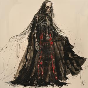 رسم أزياء، هيكل عظمي، حاصد أرواح، منصة عرض أزياء، فستان أسود، رسم توضيحي بقلم تلوين 1071907