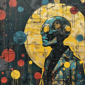 skeleton  mask  hat  comic  vintage  ArtNouveau  Surrealism  pointillism  gold  teal 1075959