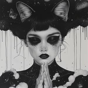صورة امرأة وقطط باللونين الأبيض والأسود، رسم توضيحي بسيط، رسم خطي، تباين بسيط 1073666
