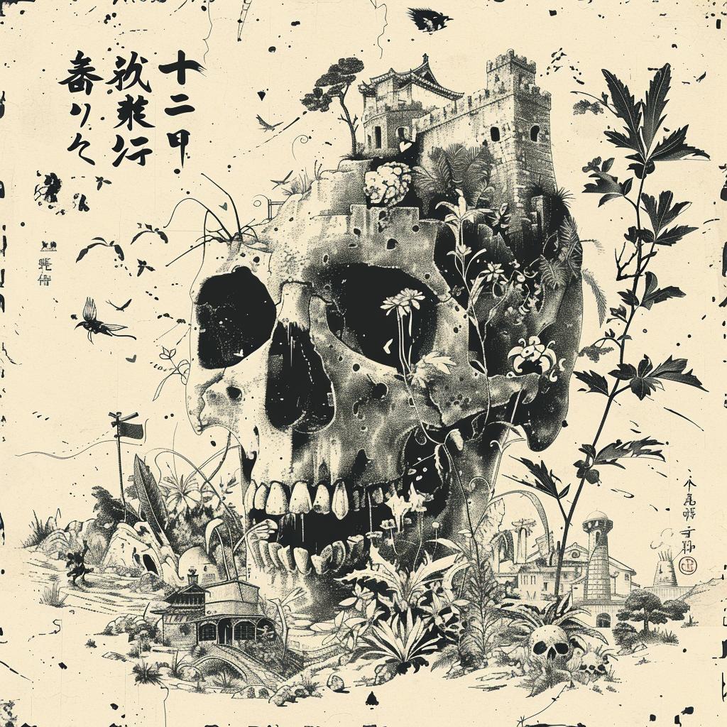 skull  flowers  album  artwork  Japanese  villagers  castle  intertwined  design  music 1036277