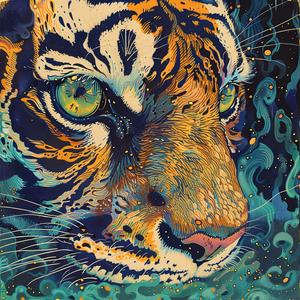 tiger  portrait  vintage  comic  ArtNouveau  Surrealism  pointillism  blue  green  eyes 1076850