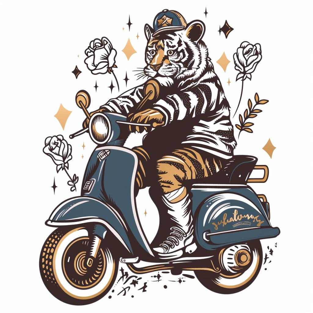 tiger  scooter  roses  animal  transport  vibrant  playful  whimsical  colorful  illustration 943474