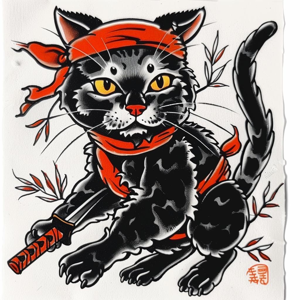 tattoo  cat  ninja  anthropomorphic  bold  garden  samurai  detailed  design  highdefinition 928025