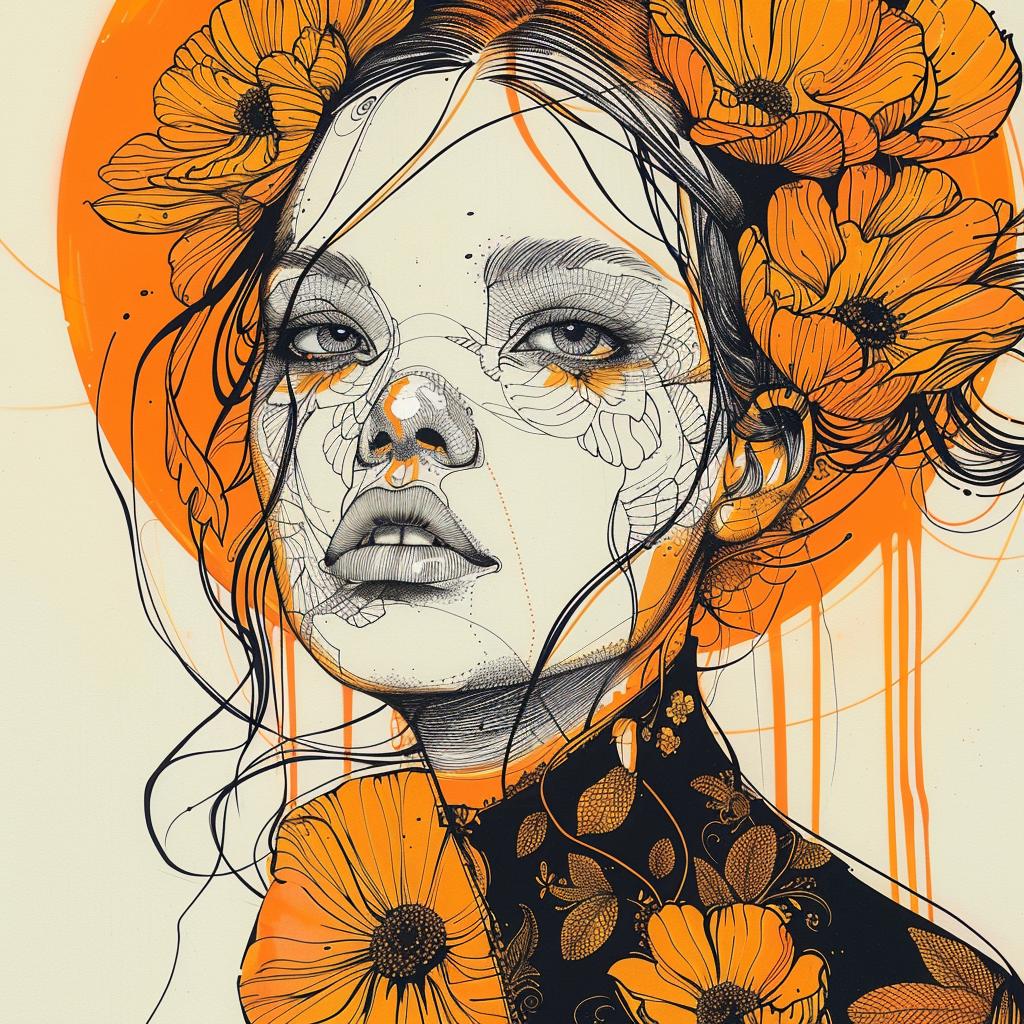 drawing  woman  flowers  orange  elements  symmetry  tattoo  dark  art  minimal 928896