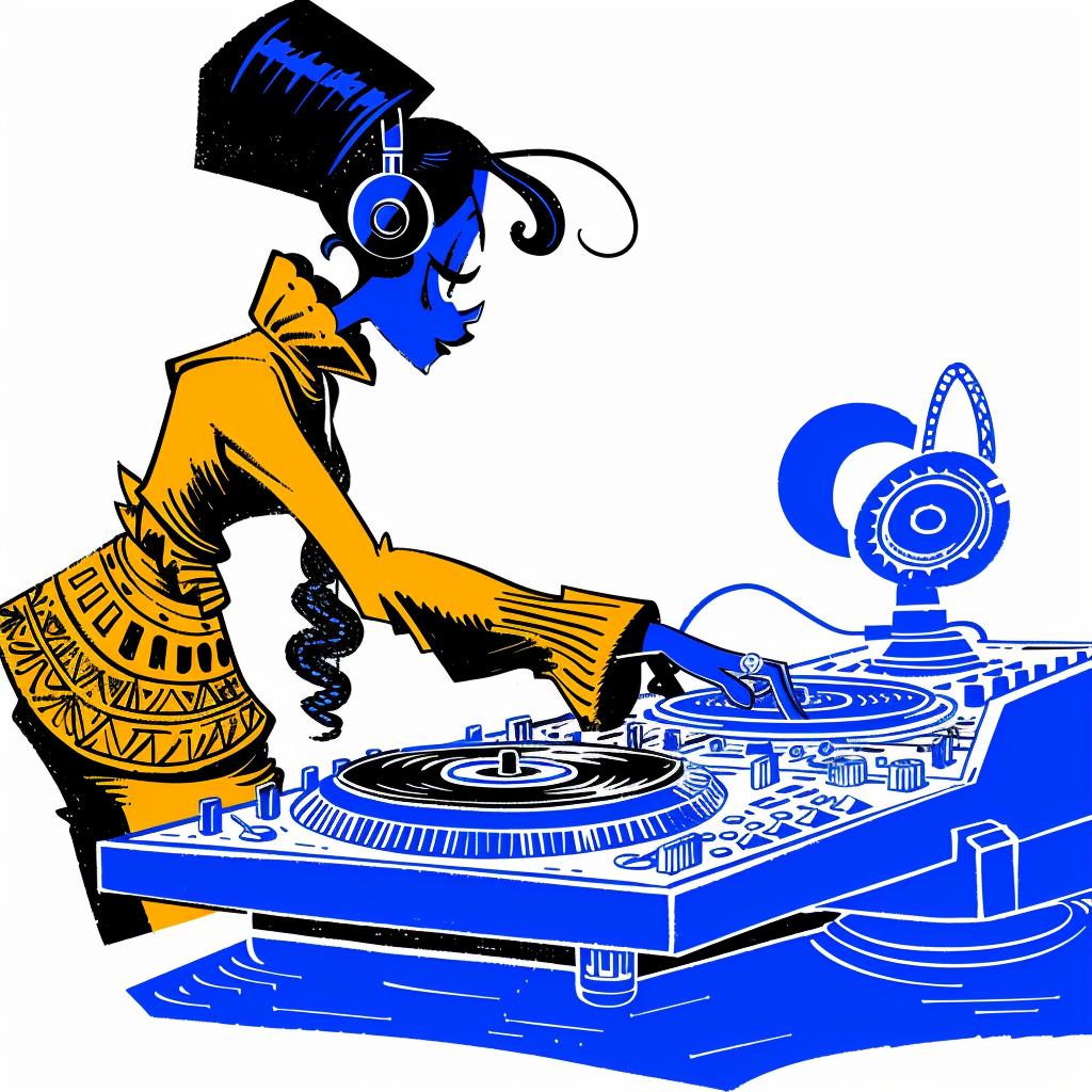 DJ  woman  hip-hop  turntable  blue  yellow  outfit  cartoon  music  console 1027896
