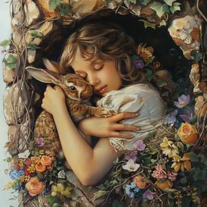 Easter  girl  rabbit  hugging  dream  illustration  colorful  whimsical  painting  cute 1077303