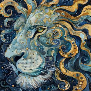lion  portrait  vintage  comics  surrealism  pointillism  swirls  stars  gold  indigo 1076843