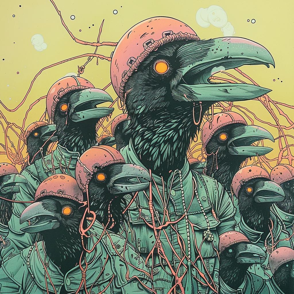 raven  soldiers  battle  imaginary  surreal  birds  helmets  whimsical  playful  fantasy 923411