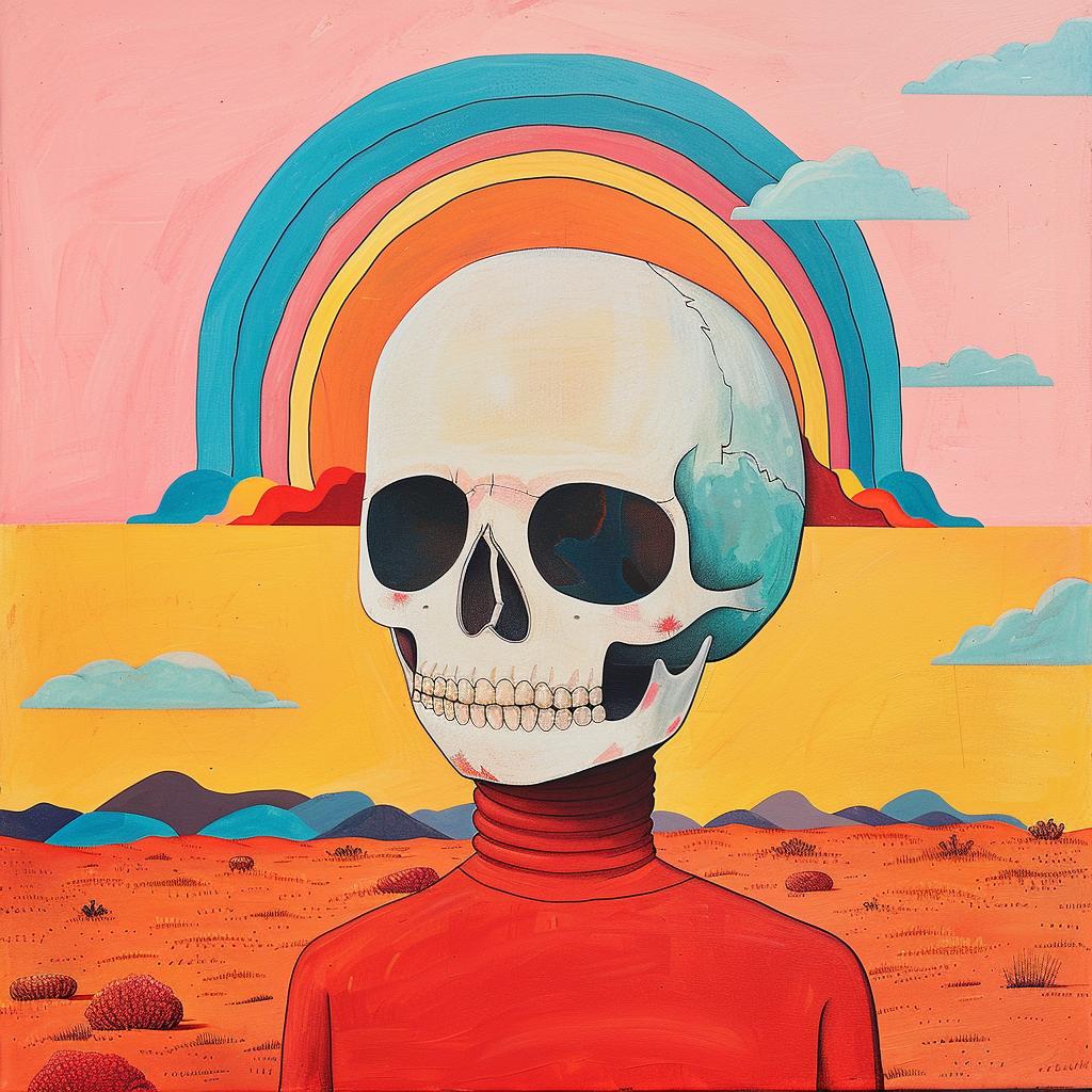 album  cover  surreal  skeleton  rainbow  background  Joan  Cornella  creative  vibrant 1018030