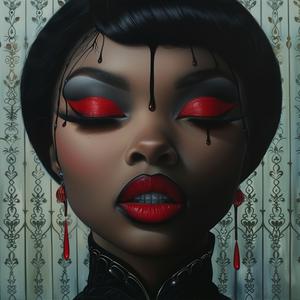 عارضة أزياء أمريكية من أصل أفريقي على طراز آرت ديكو، أنياب، مكياج عيون، صورة شخصية، أزياء جريئة نابضة بالحياة، سريالية 1074560