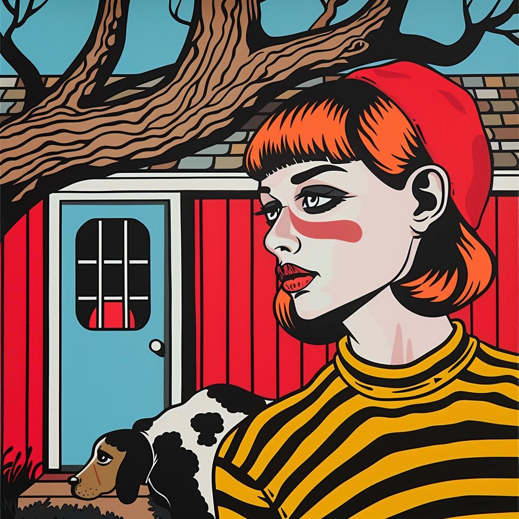 album  cover  painting  woman  dog  stripedshirt  redhat  colorful  whimsical  imaginative 1024832
