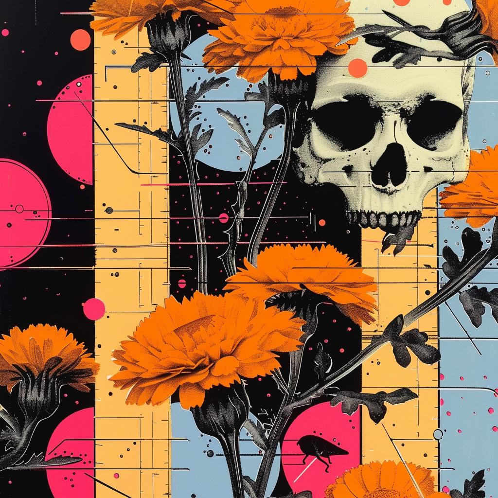 skull  flowers  black  background  dark  nighttime  marigolds  deep  perspective  Jean 1021085