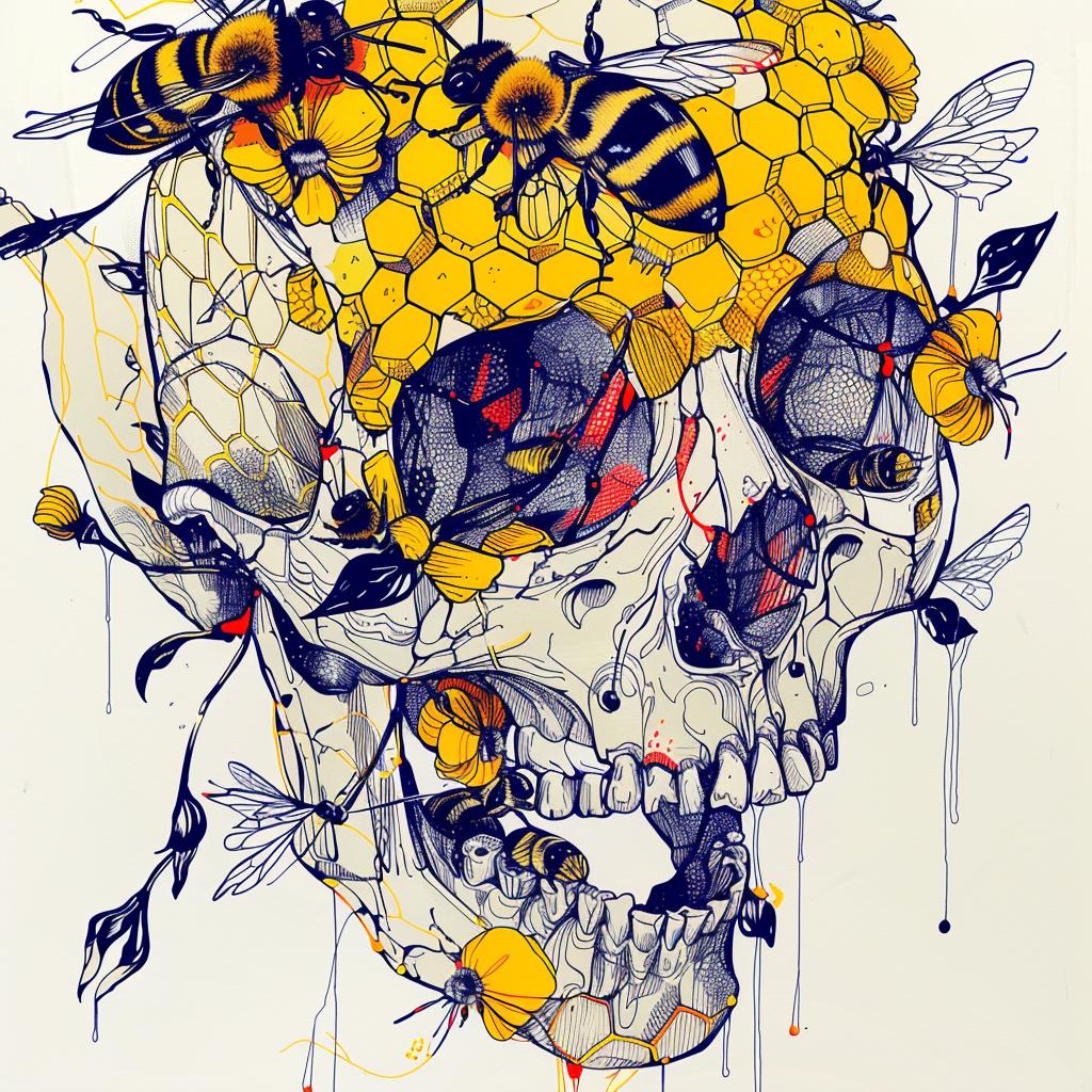 skull  bees  hive  drawing  vibrant  nature  colorful  animation  decrepit  illustration 944719