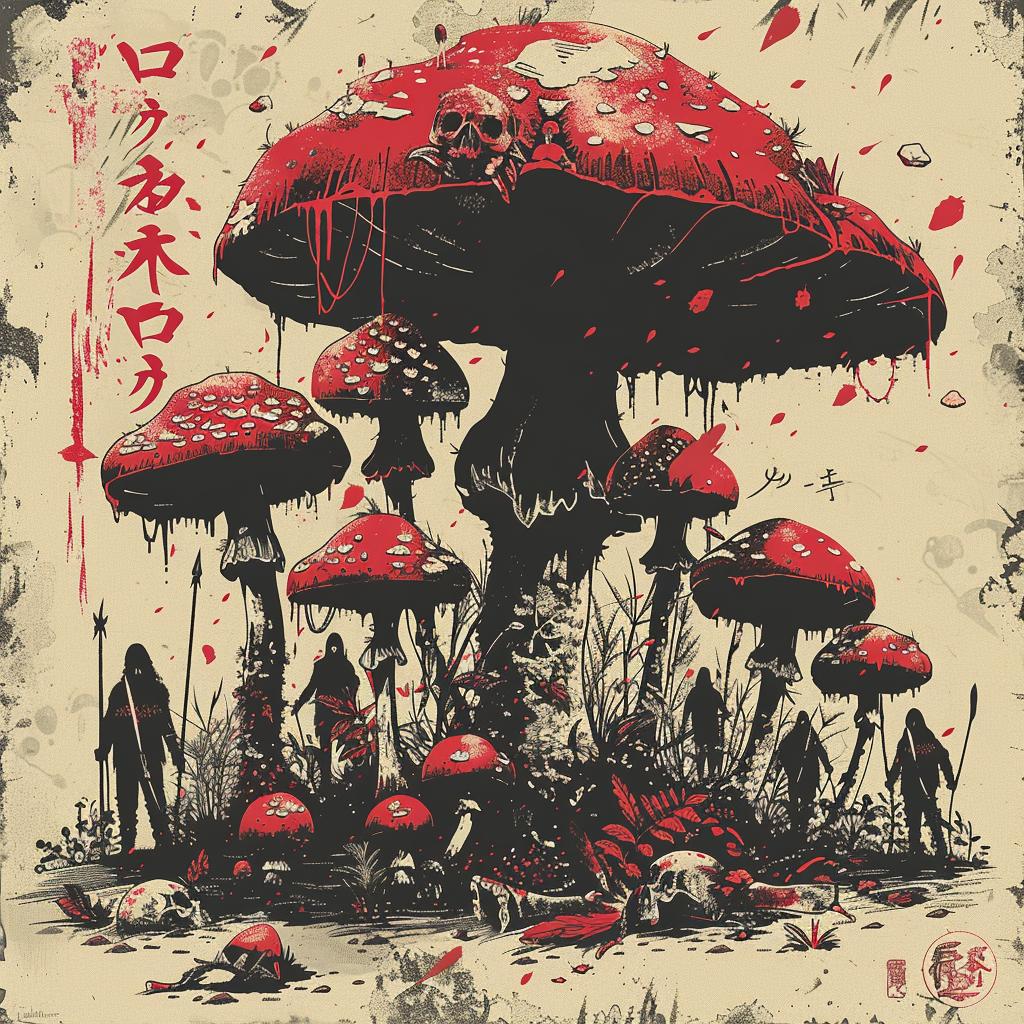 mushrooms  kingdom  poster  skull  villagers  Japanese  intertwined  cluster  art  illustration 1036316