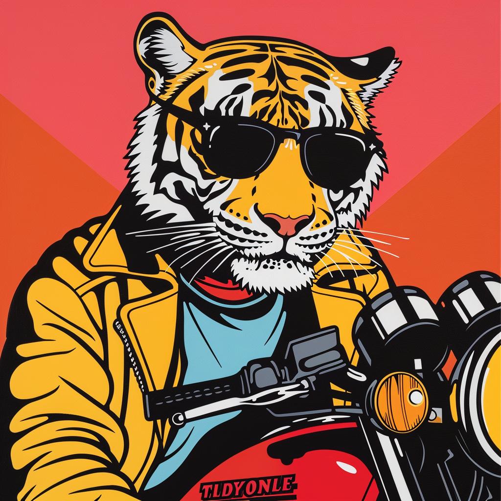 tiger  motorcycle  sunglasses  leather  jacket  playful  whimsical  stylized  illustration  character design 1024320