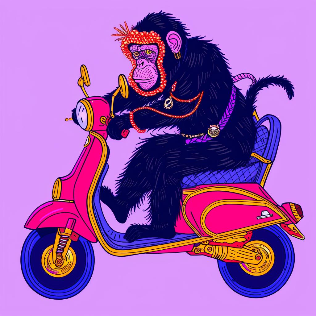 chimp  scooter  purple  whimsical  playful  animal  transportation  cartoonish  funny  illustration 1021841