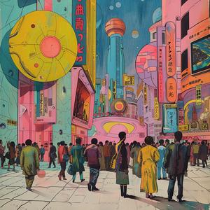 surreal  album  cover  people  city  Risograph  Symbolist  hyper-realistic  screenprint  art 1077538