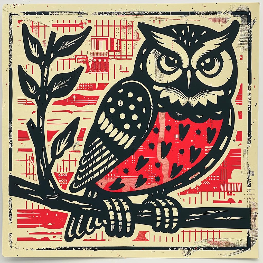 owl  branch  red  black  minimal  symmetrical  design  halftone  lines  stars 941441