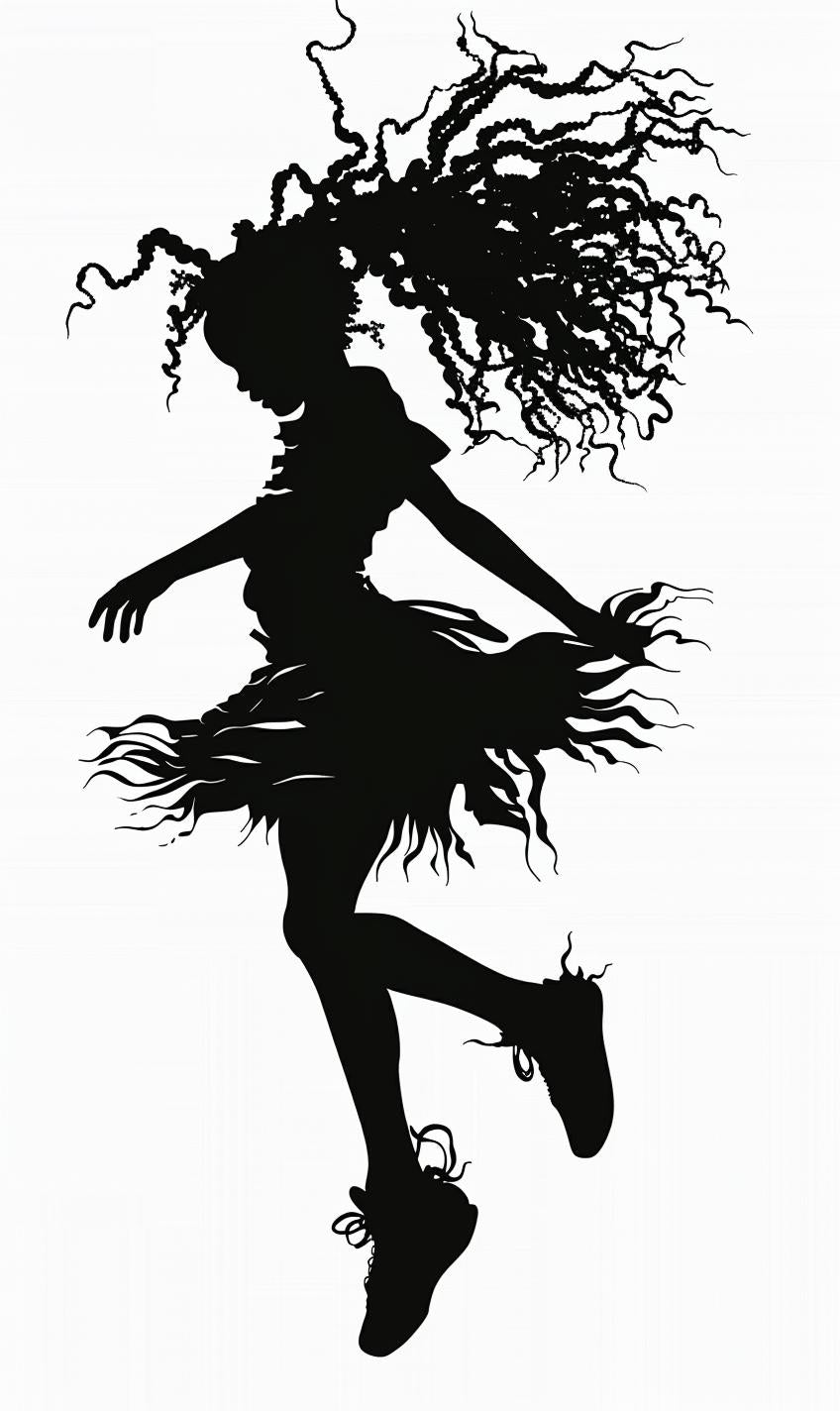 silhouette  girl  curly  hair  pigtails  dress  dancing  black  white  vector 954065