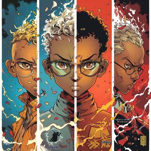 manga  dynamic  African-American  quadriptych  action  characters  vibrant  courage  wisdom  passion 1075284