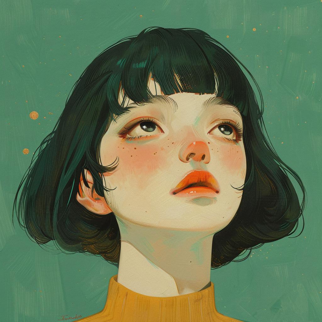 woman  black  hair  green  eyes  tempera  gouache  kawaii  illustration  vintage 954922